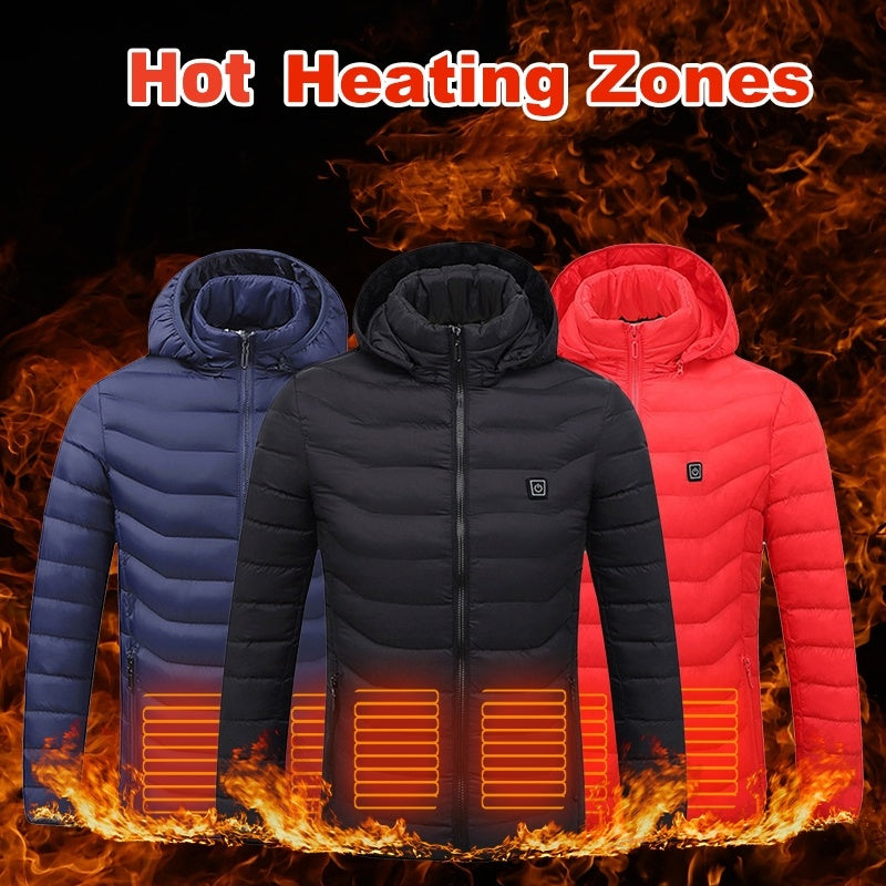 Men's USB Heated Jacket – Electric Thermal Winter Coat with Removable Hood, Lightweight Windproof Design, Fast Heating, and 3-Level Temperature Control